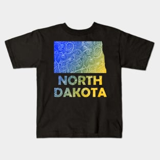 Colorful mandala art map of North Dakota with text in blue and yellow Kids T-Shirt